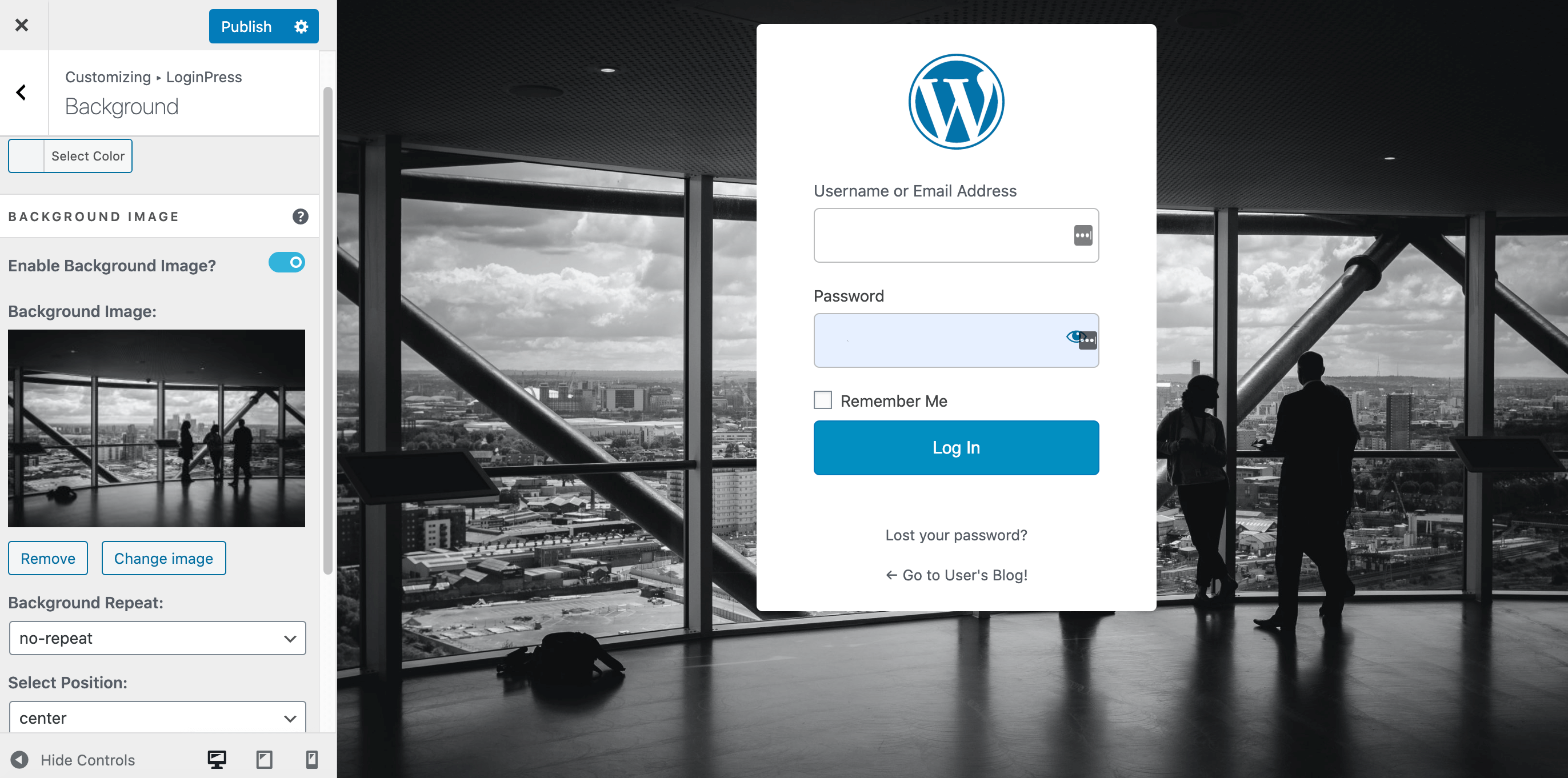 A custom WordPress login page created using LoginPress.