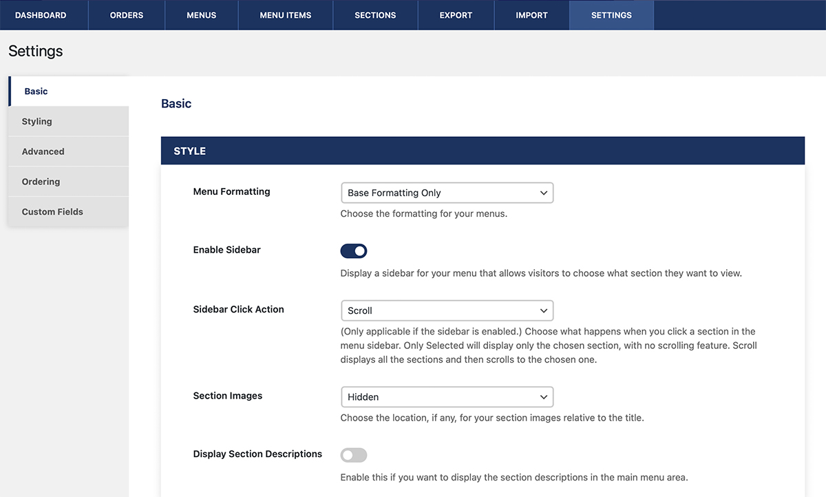 Restaurant menu style options in the Five Star Restaurant Menus settings.