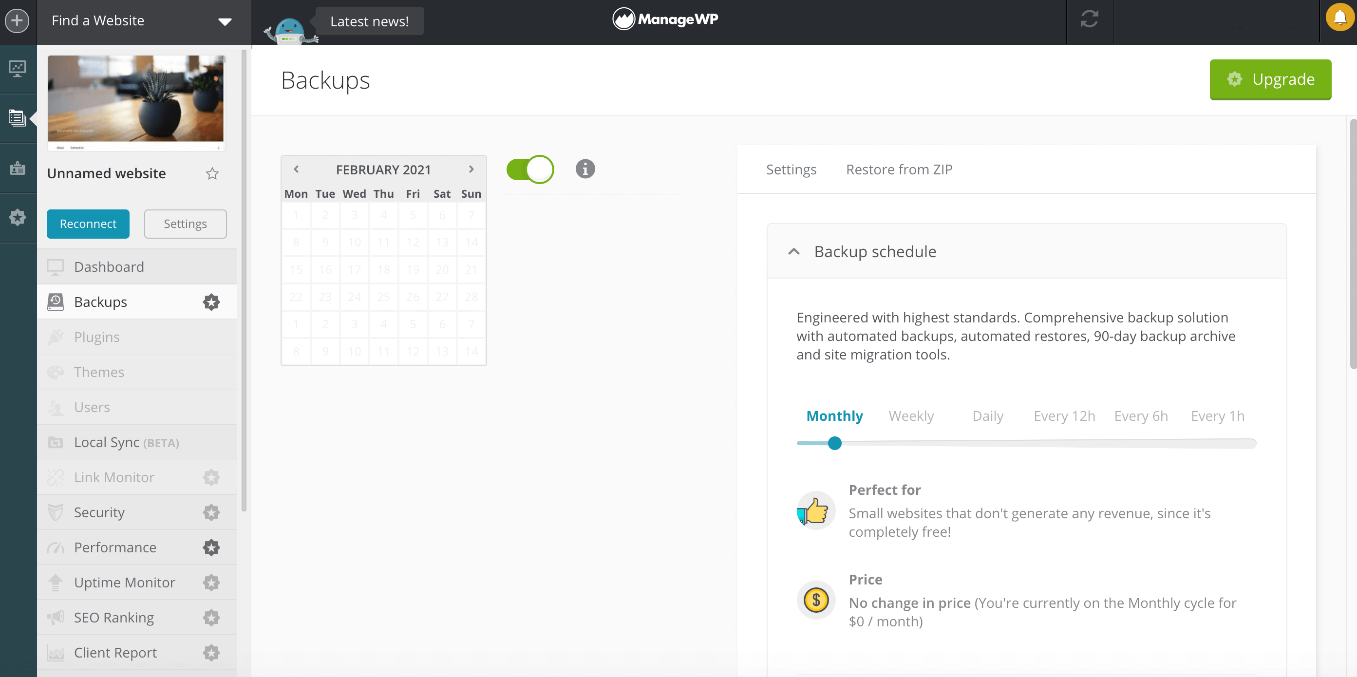 The ManageWP backup dashboard. 