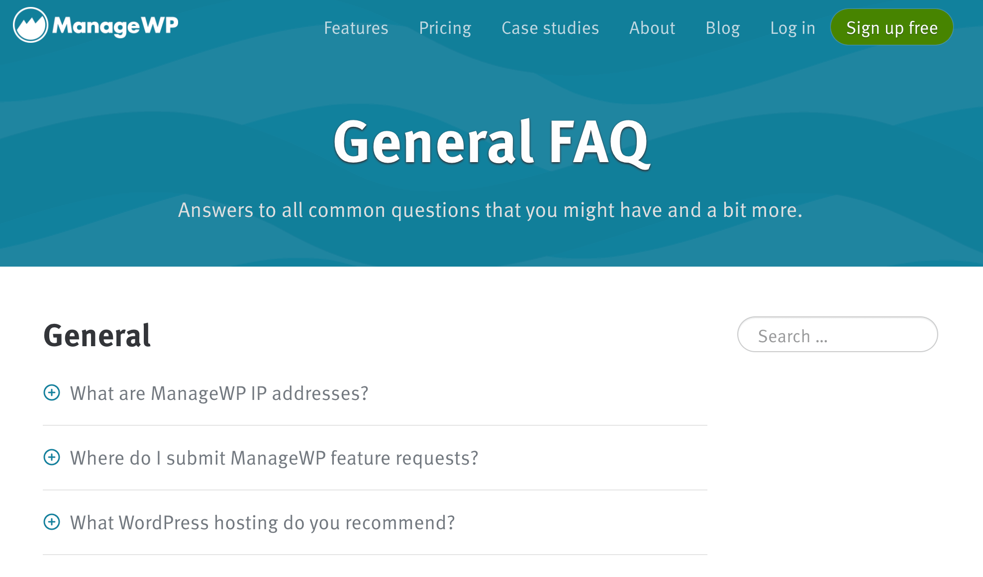 ManageWP's customer support page. 