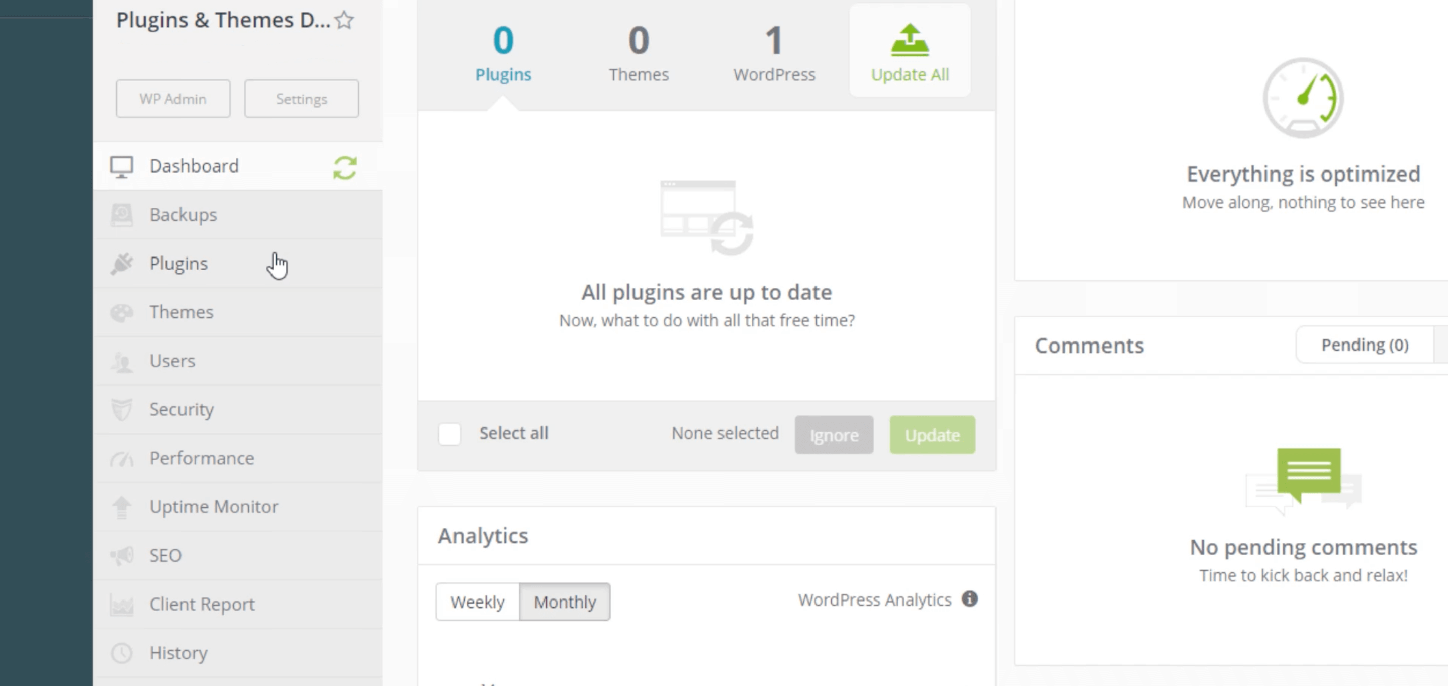 The ManageWP plugin and theme update dashboard.