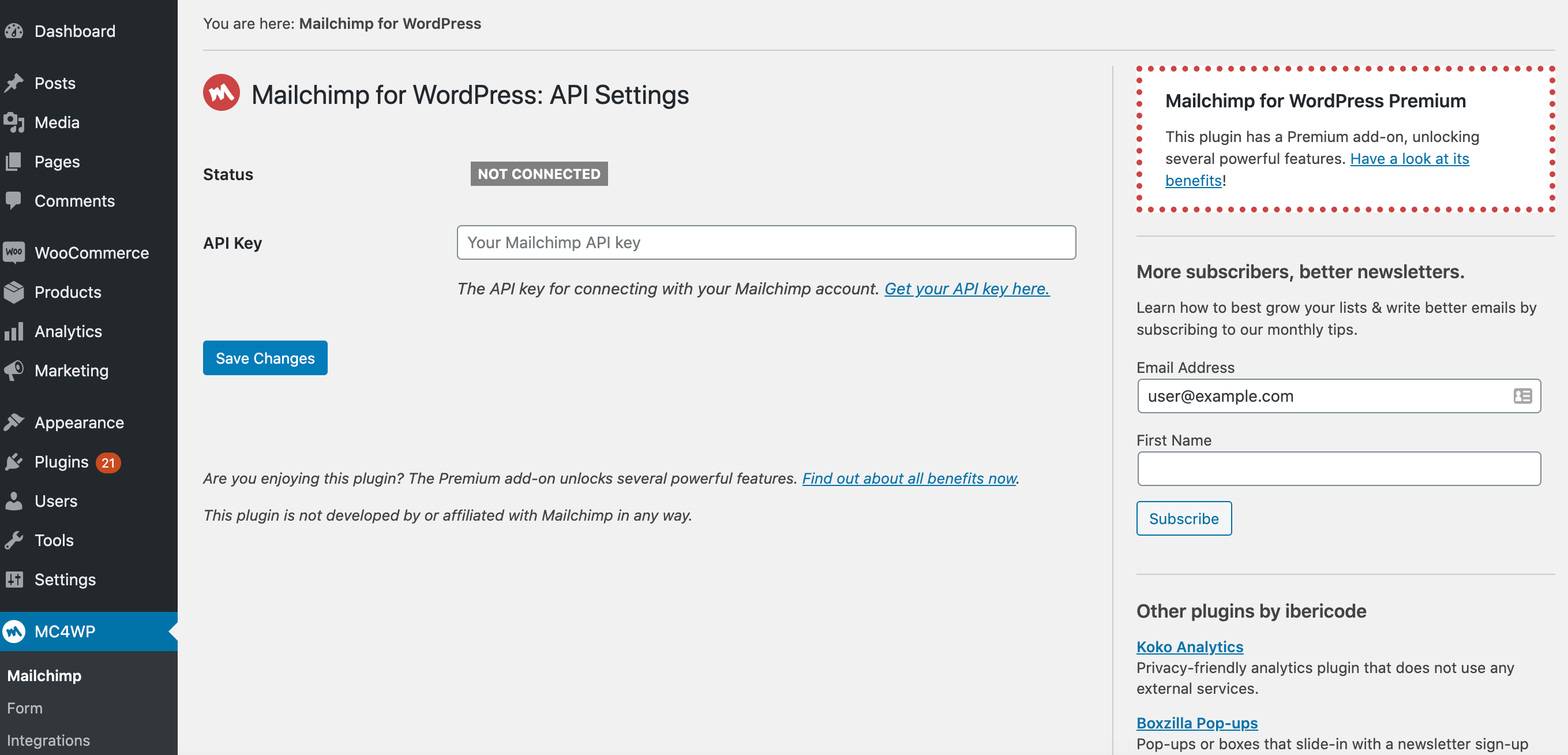 The MC4WP WordPress settings.