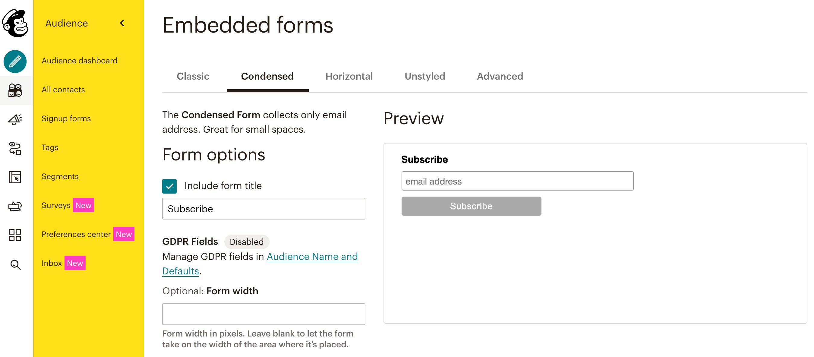 A Mailchimp signup form created with a condensed layout.