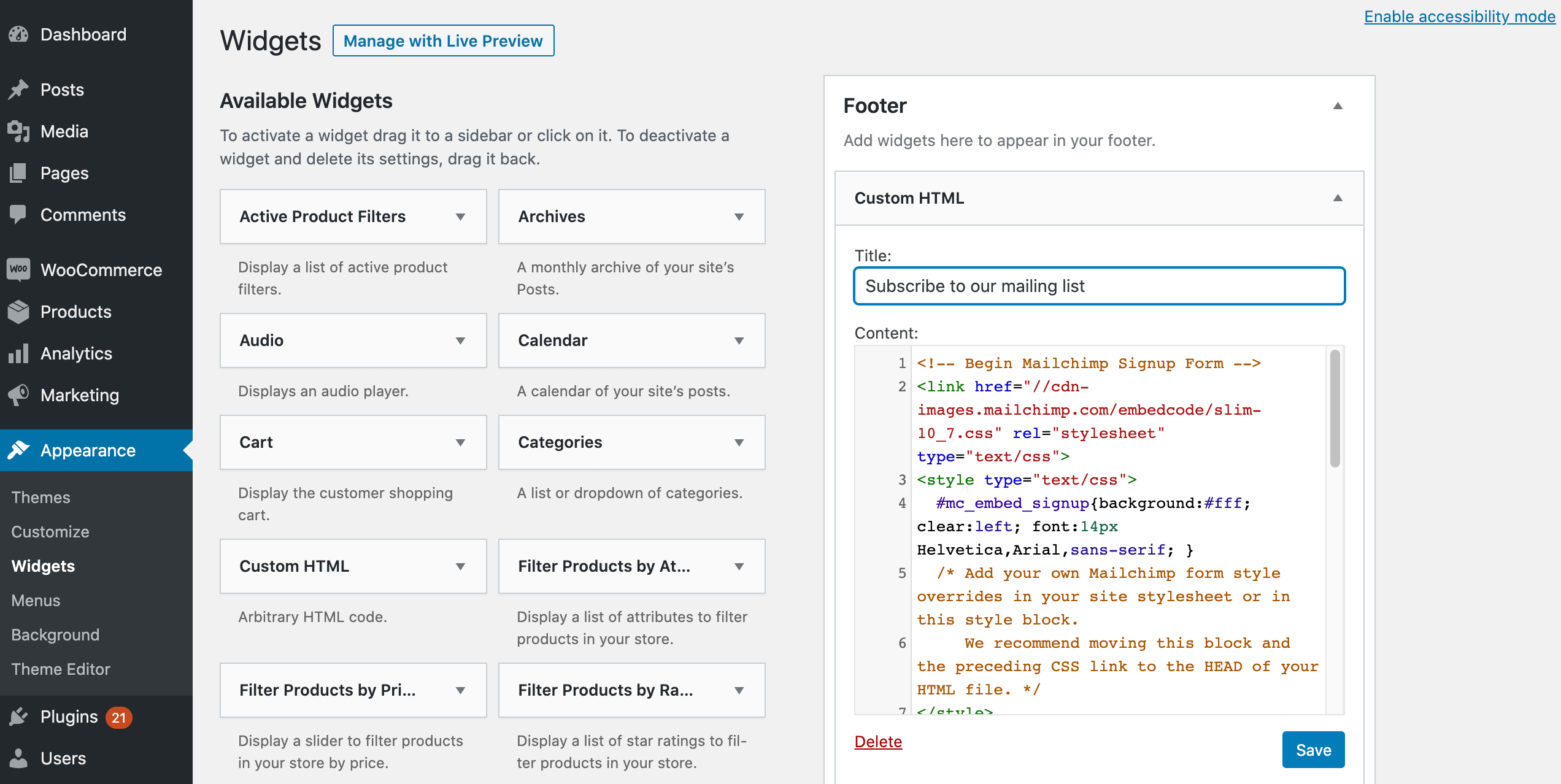 An embedded Mailchimp signup form.