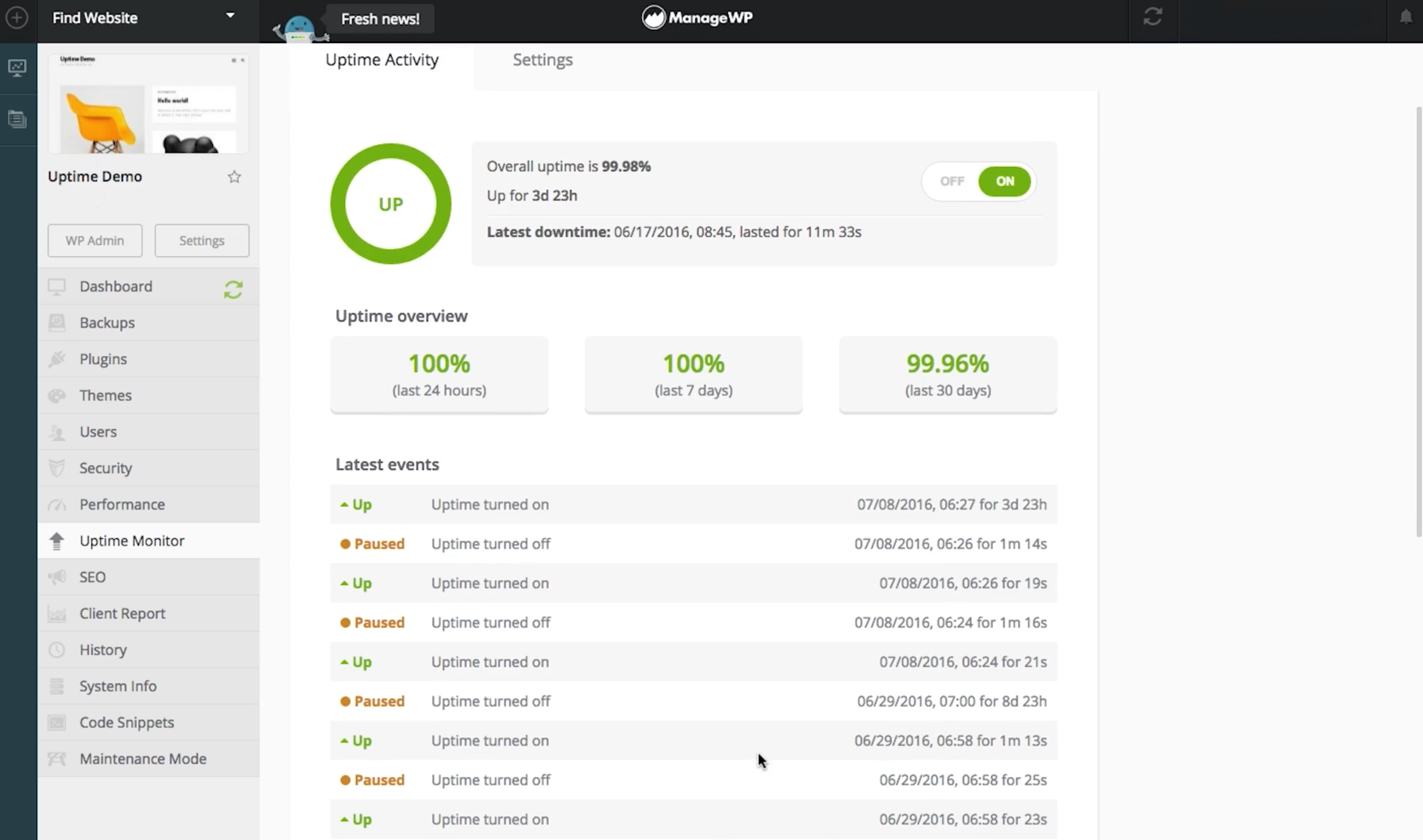 ManageWP's Uptime Monitor.