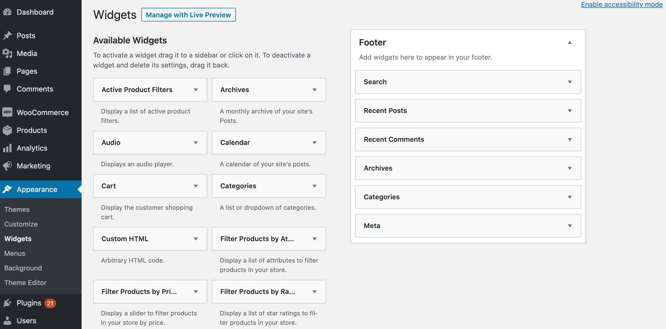 The WordPress widgets screen.