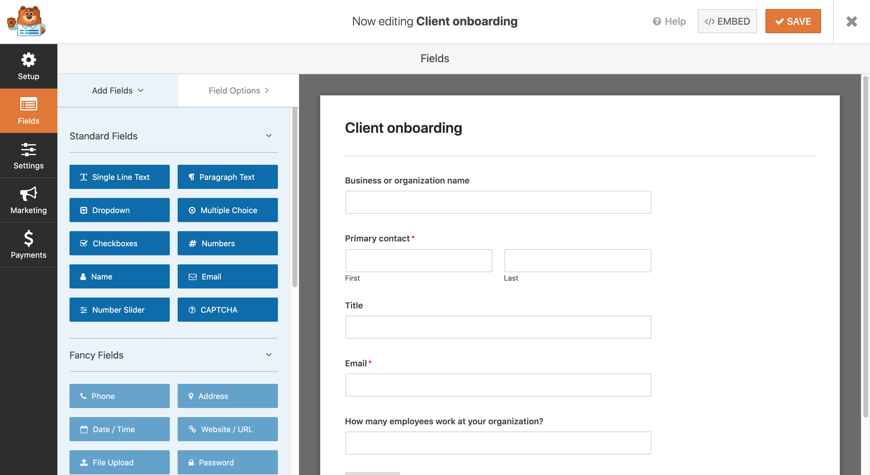 A client onboarding form created using WPForms.