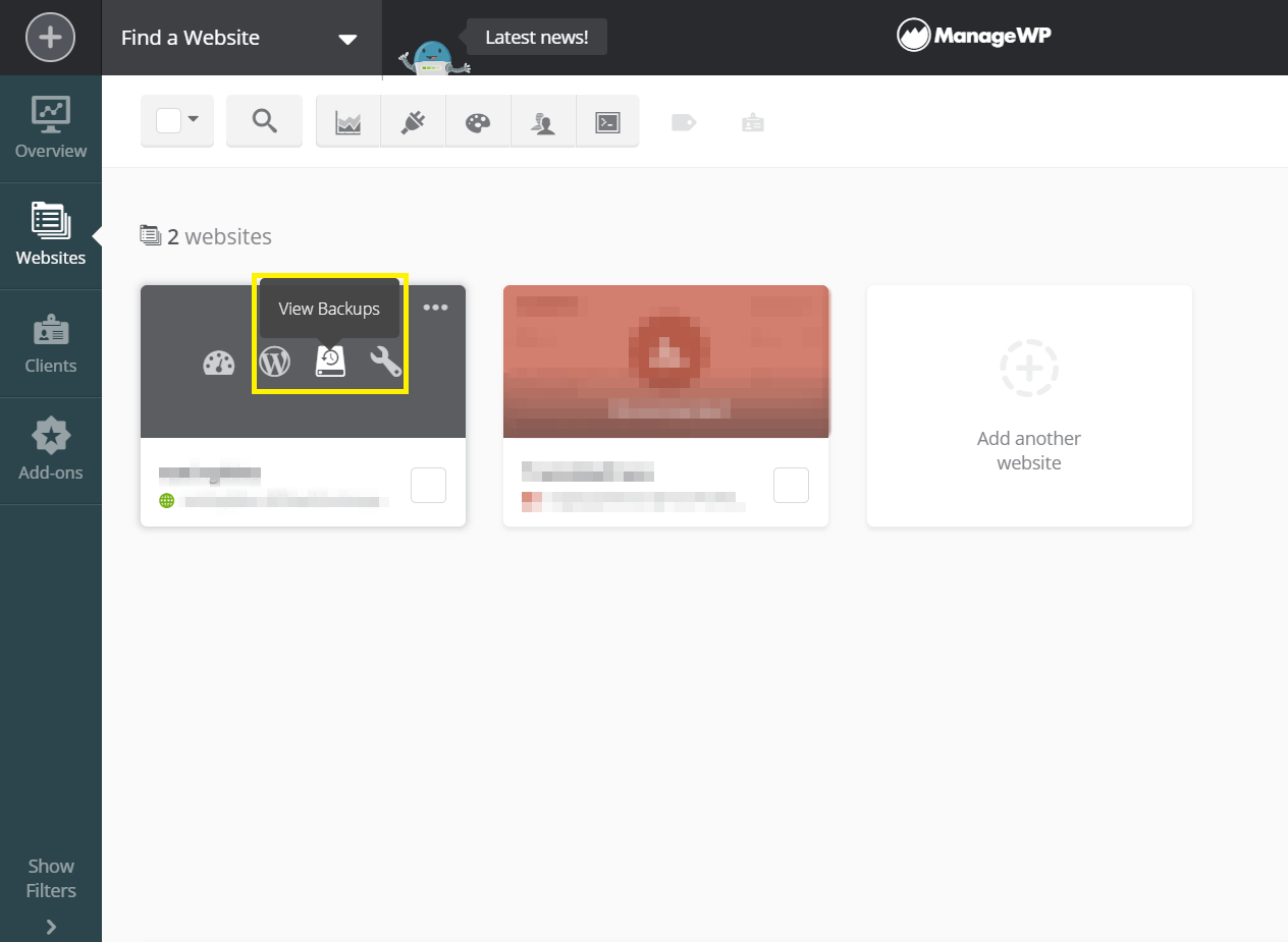 The ManageWP Dashboard, with the option to view a site's backups highlighted.