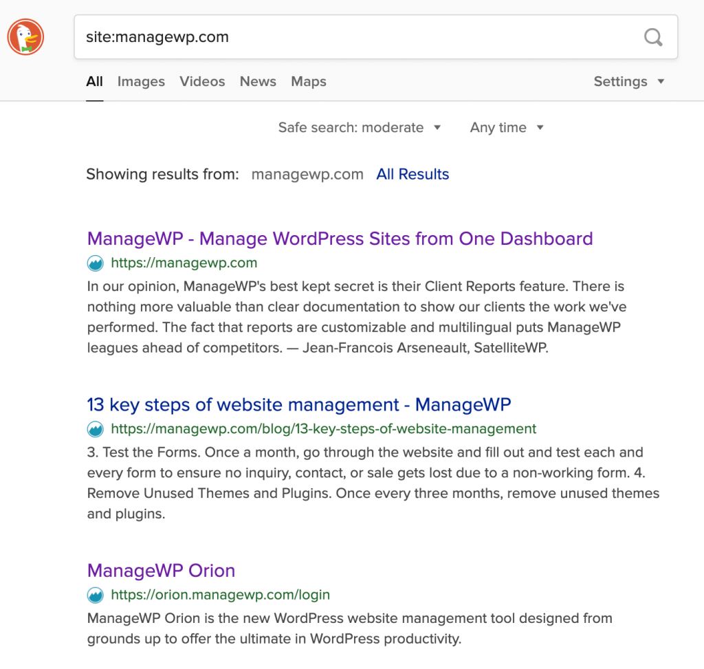 Verifying ManageWP indexing in DuckDuckGo.