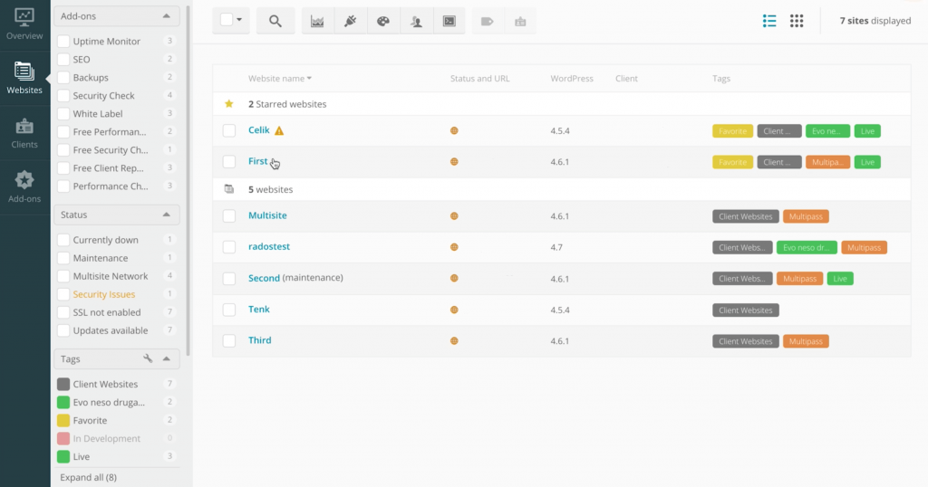 The ManageWP vulnerability dashboard.