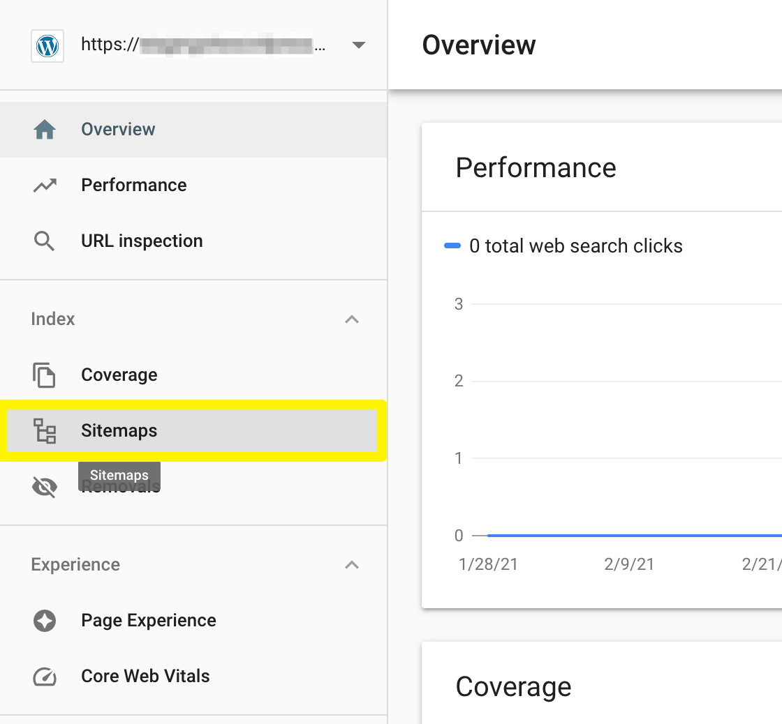 Accessing the Sitemaps screen in Search Console.