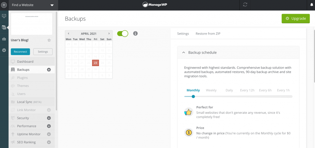 The ManageWP backup dashboard.