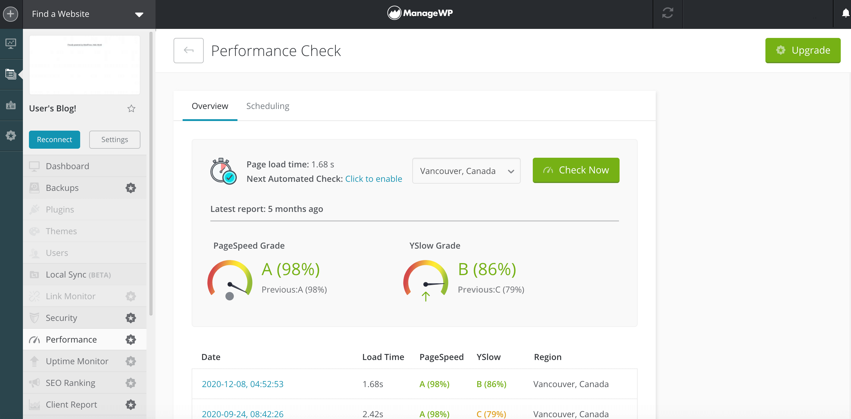 The ManageWP dashboard.