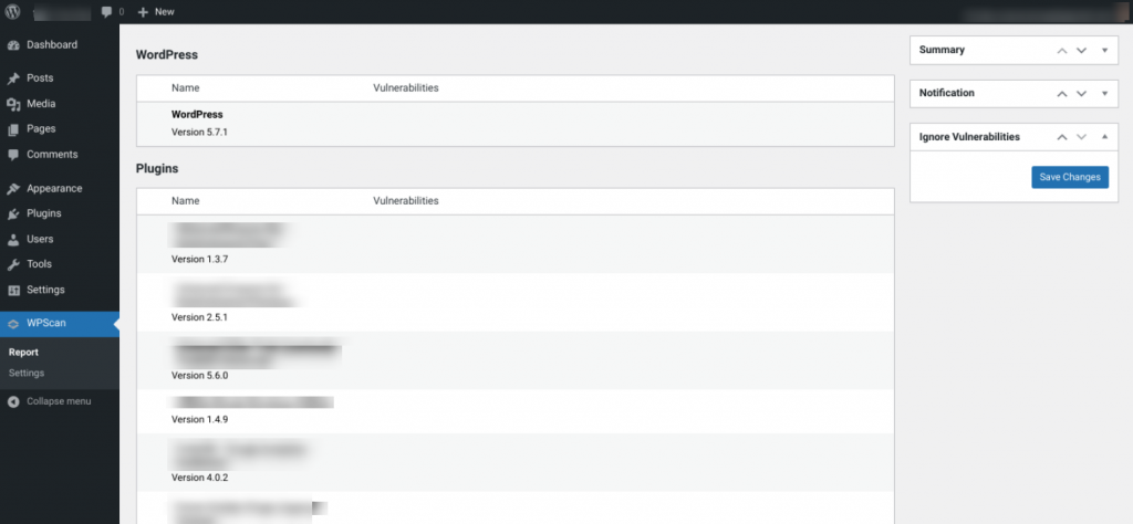 The WPScan WordPress plugin screen.