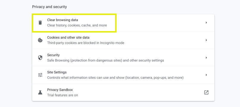 The option to clear browsing data in Chrome.