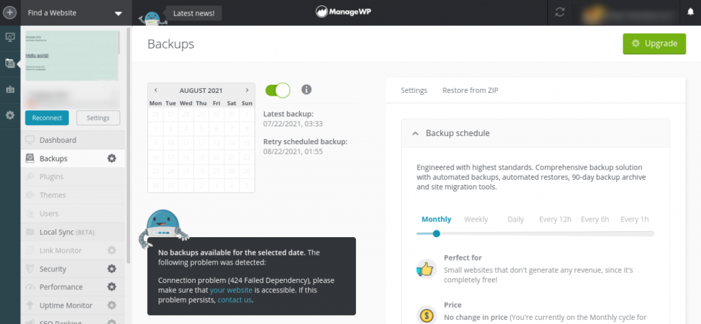 The ManageWP backup tool dashboard.