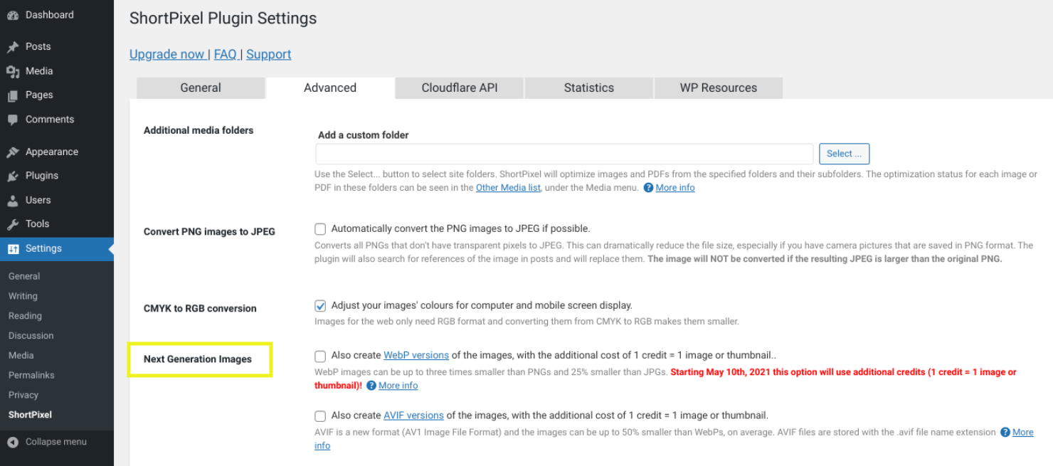 The settings screen of the ShortPixel plugin.