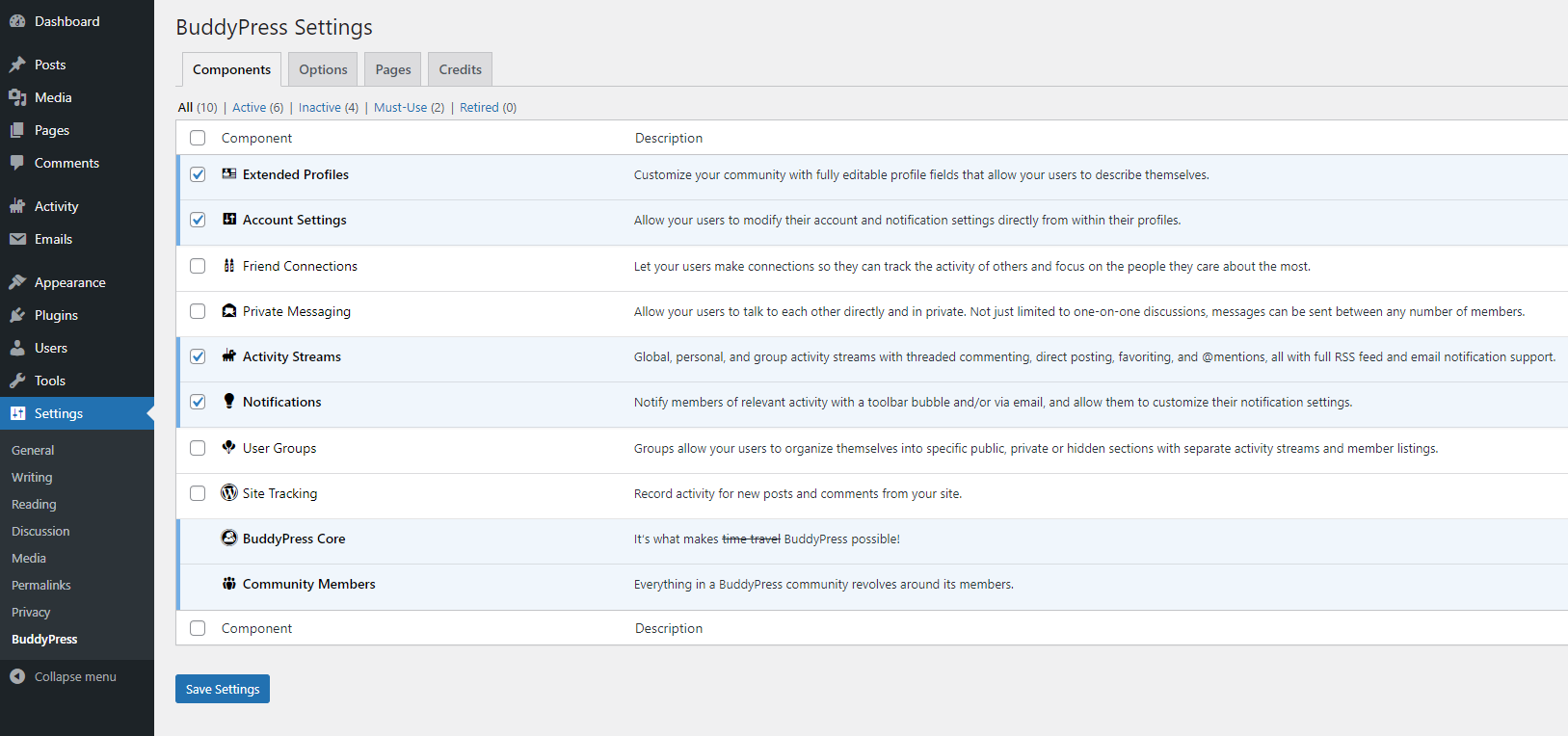 The BuddyPress plugin settings.