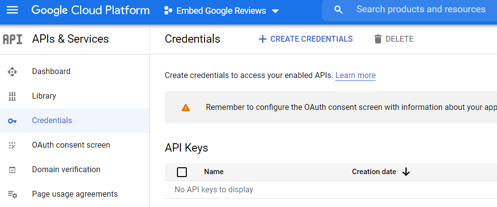 Accessing API credentials in Google Console. 