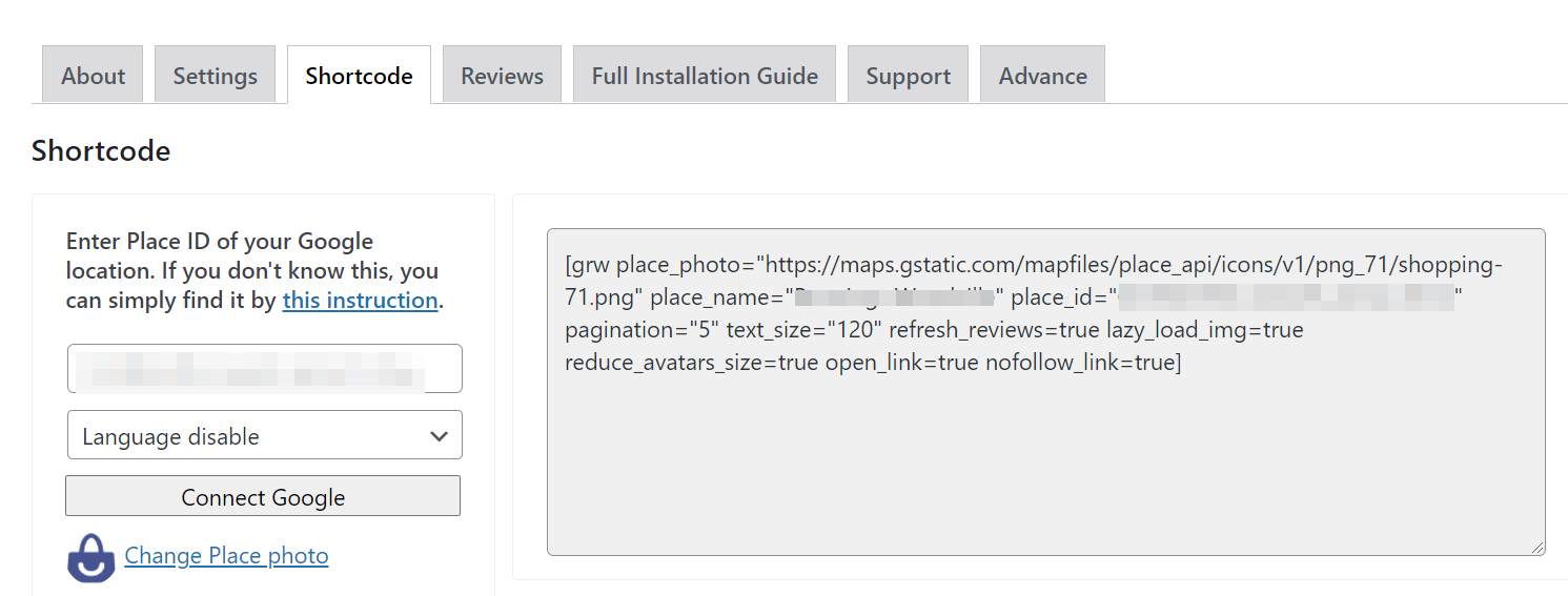 Google Place ID shortcode with the Google Reviews widget.