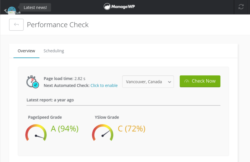 The ManageWP Performance Check dashboard.