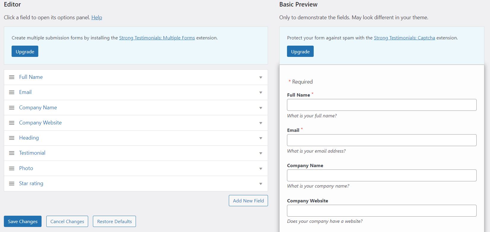 A client testimonials form template from Strong Testimonials.