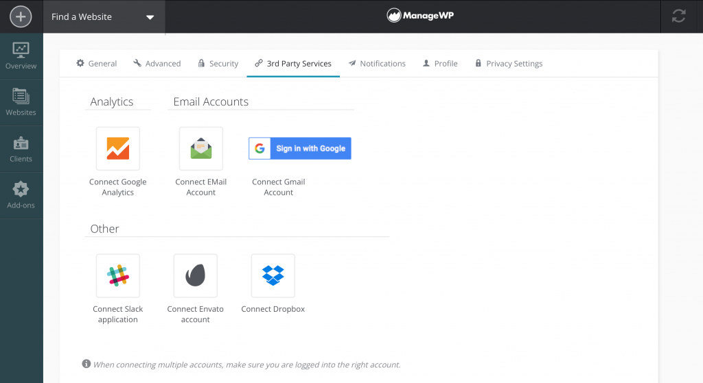 ManageWP Settings - 3rd party Services