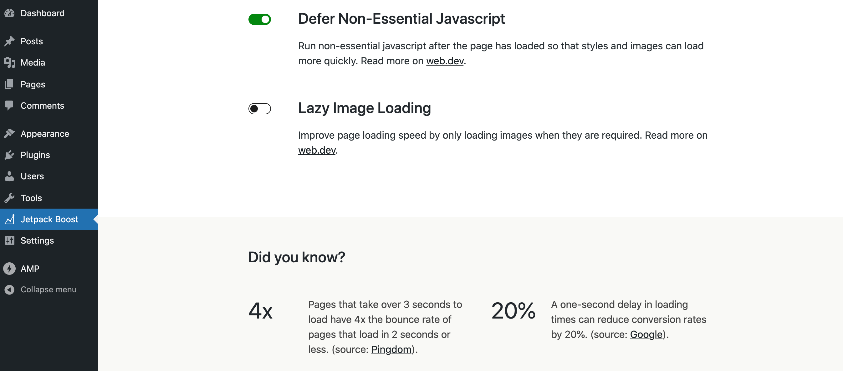 The Jetpack Boost dashboard.