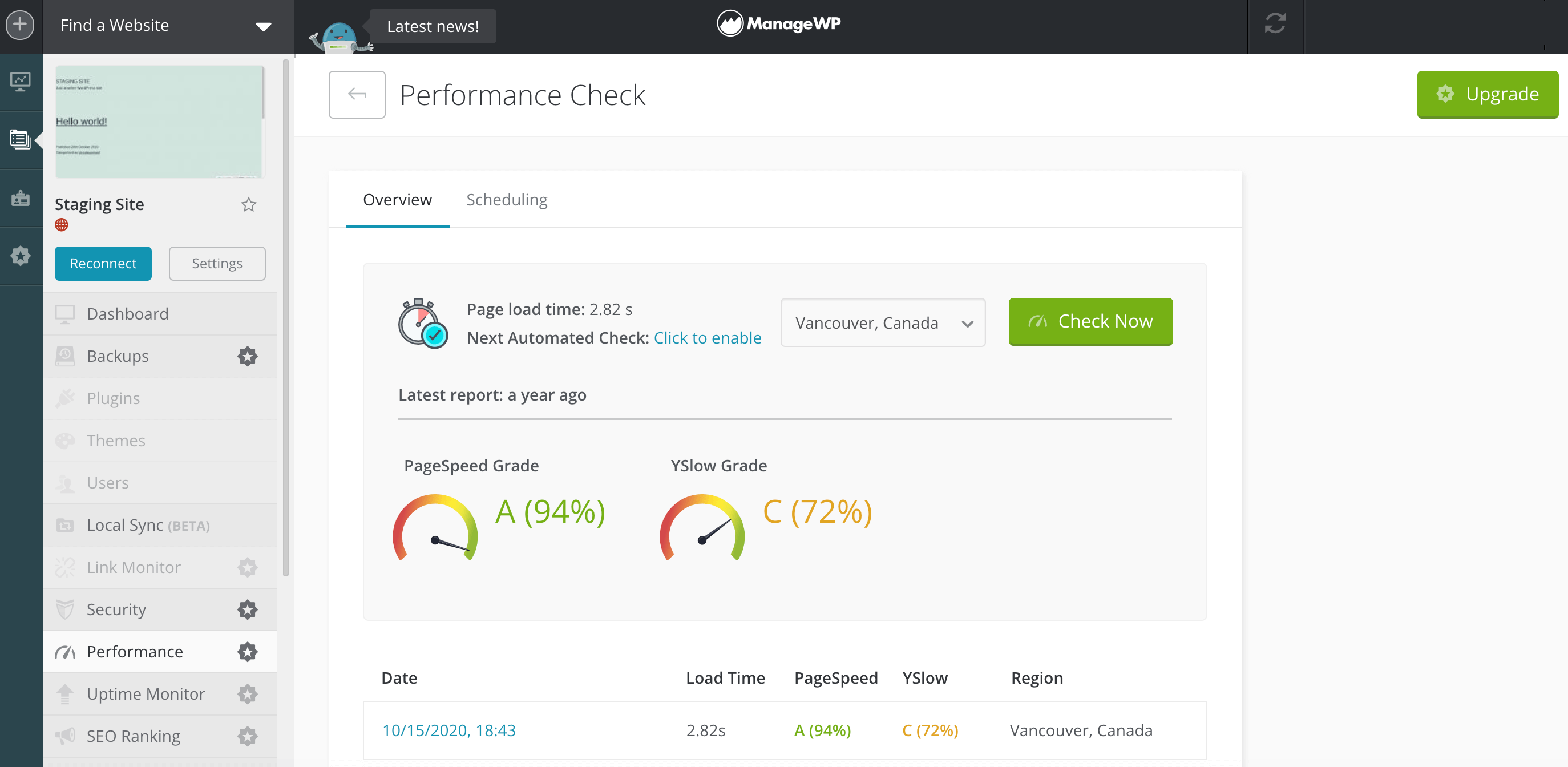 Monitor your site's Core Web Vitals performance, using ManageWP.