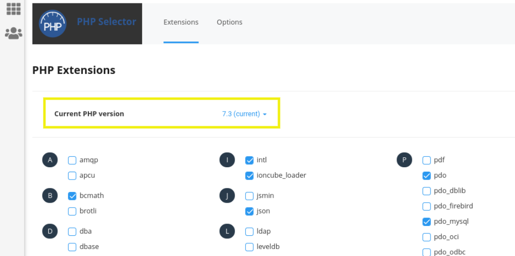 The PHP Selector screen in cPanel.