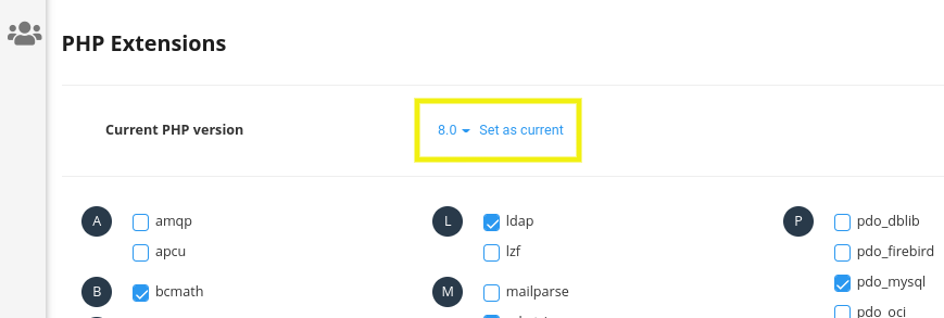 The option to set the current PHP version in cPanel.