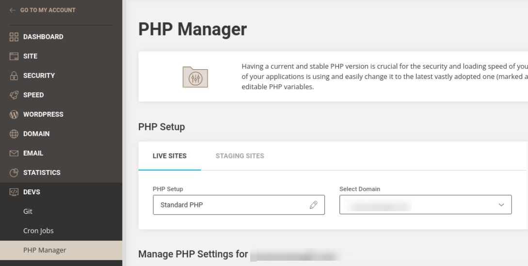 The PHP Manager screen in SiteGround.