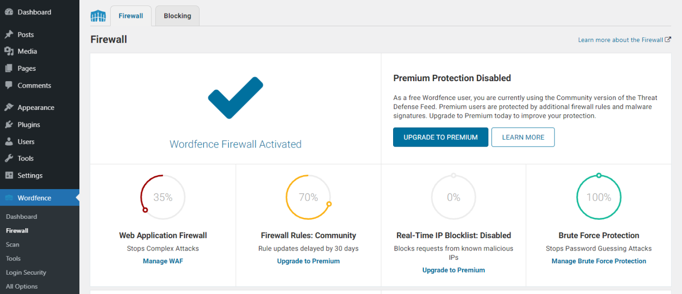 The Wordfence Web Application Firewall dashboard in WordPress.