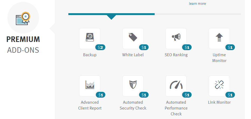 The add-on options for ManageWP's multiple WordPress maintenance tiers.