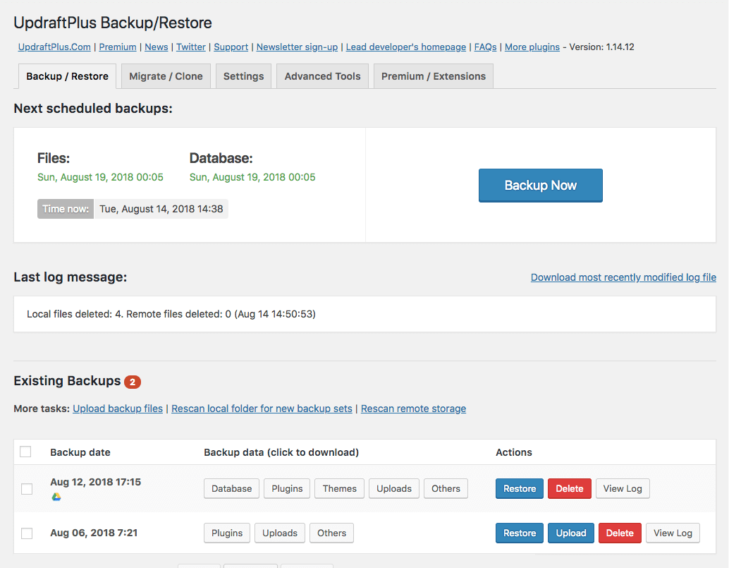 The UpDraft Plus page. This shows a blue button that says "backup now." It also shows settings, last logged message, and existing backups.