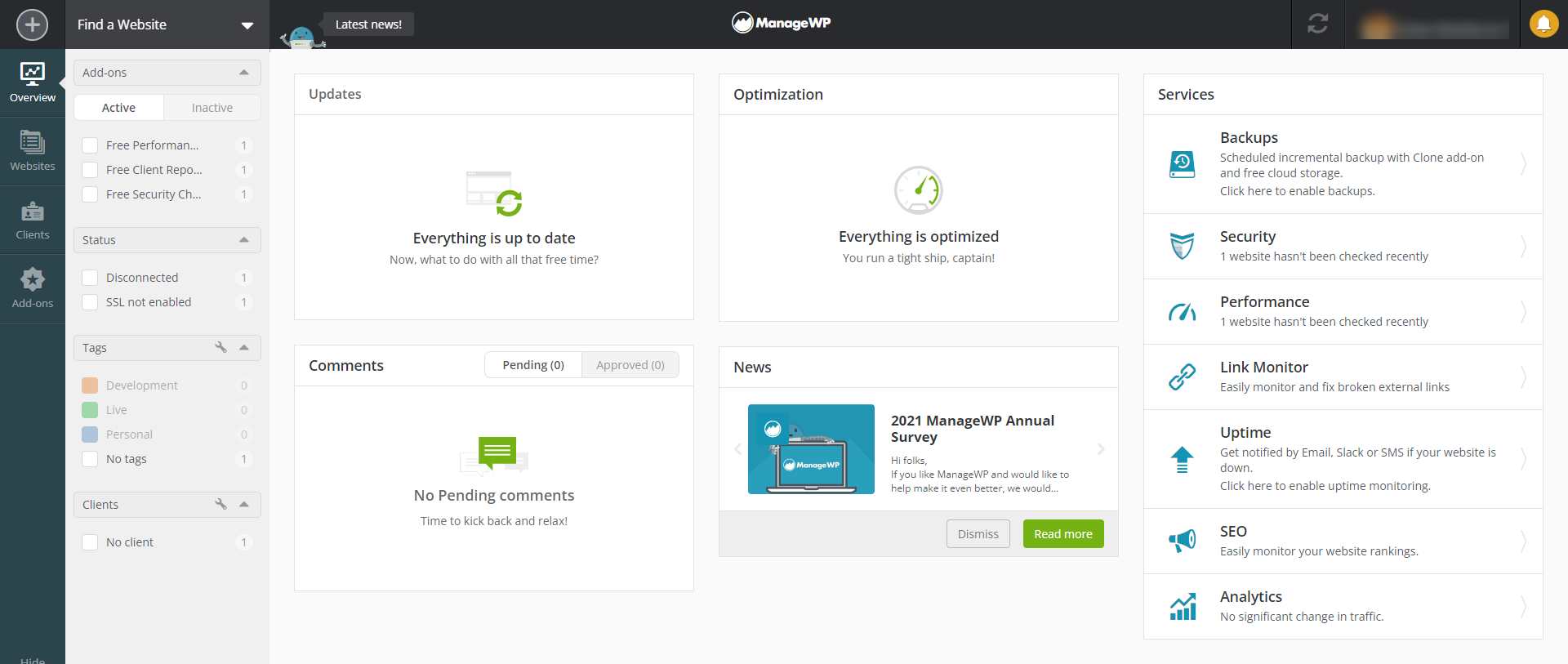 The ManageWP dashboard.