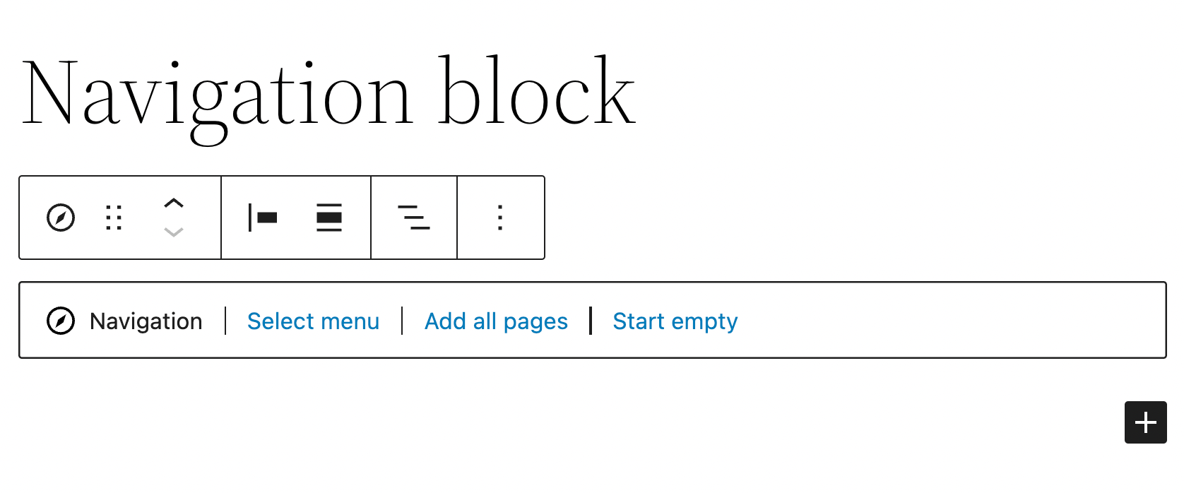 The WordPress Navigation block on a blank page.