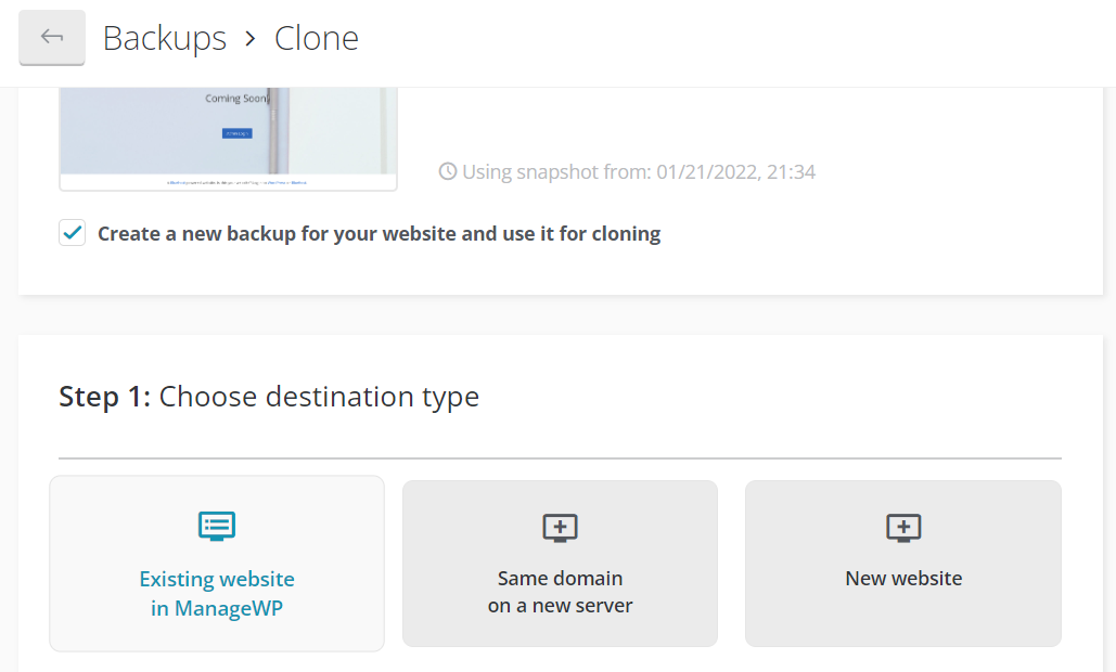 Cloning a website with ManageWP. 