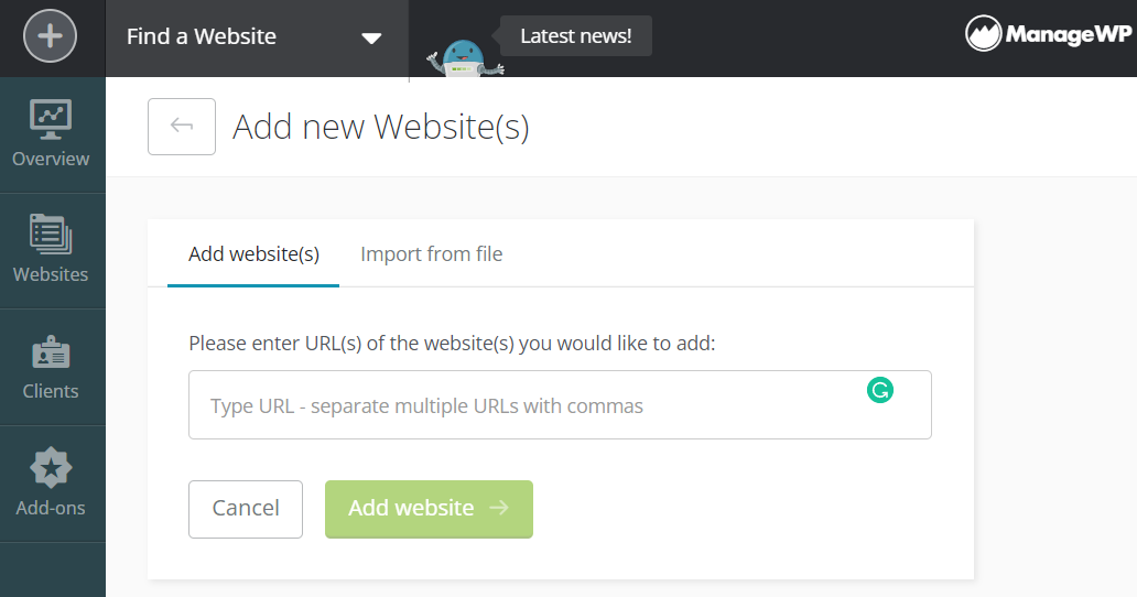 Adding a new site with ManageWP.