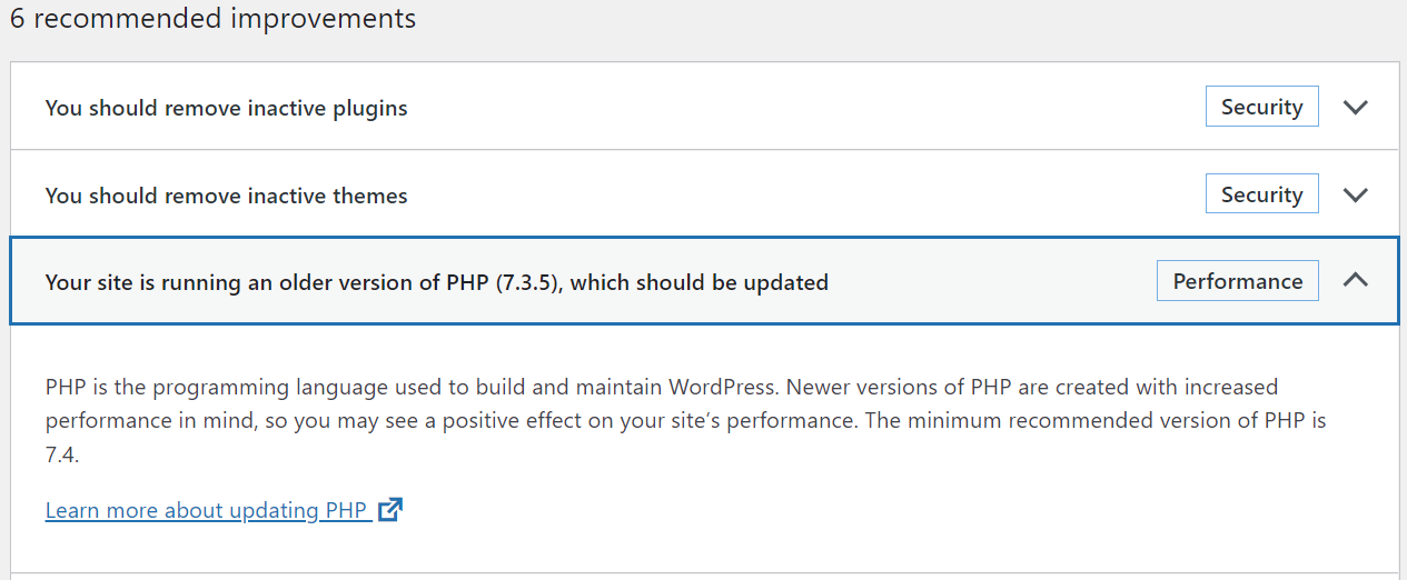 An outdated PHP version notification in WordPress.
