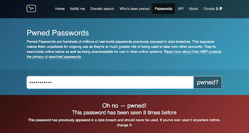 Have I Been pwned results page - shoulding the password has been exploited 8 times
