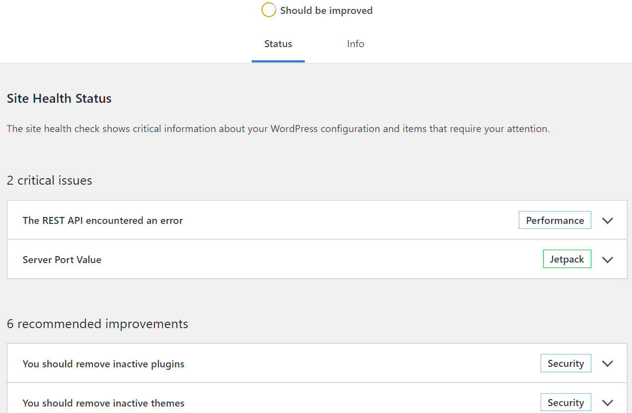 The Site Health status for a WordPress website. 