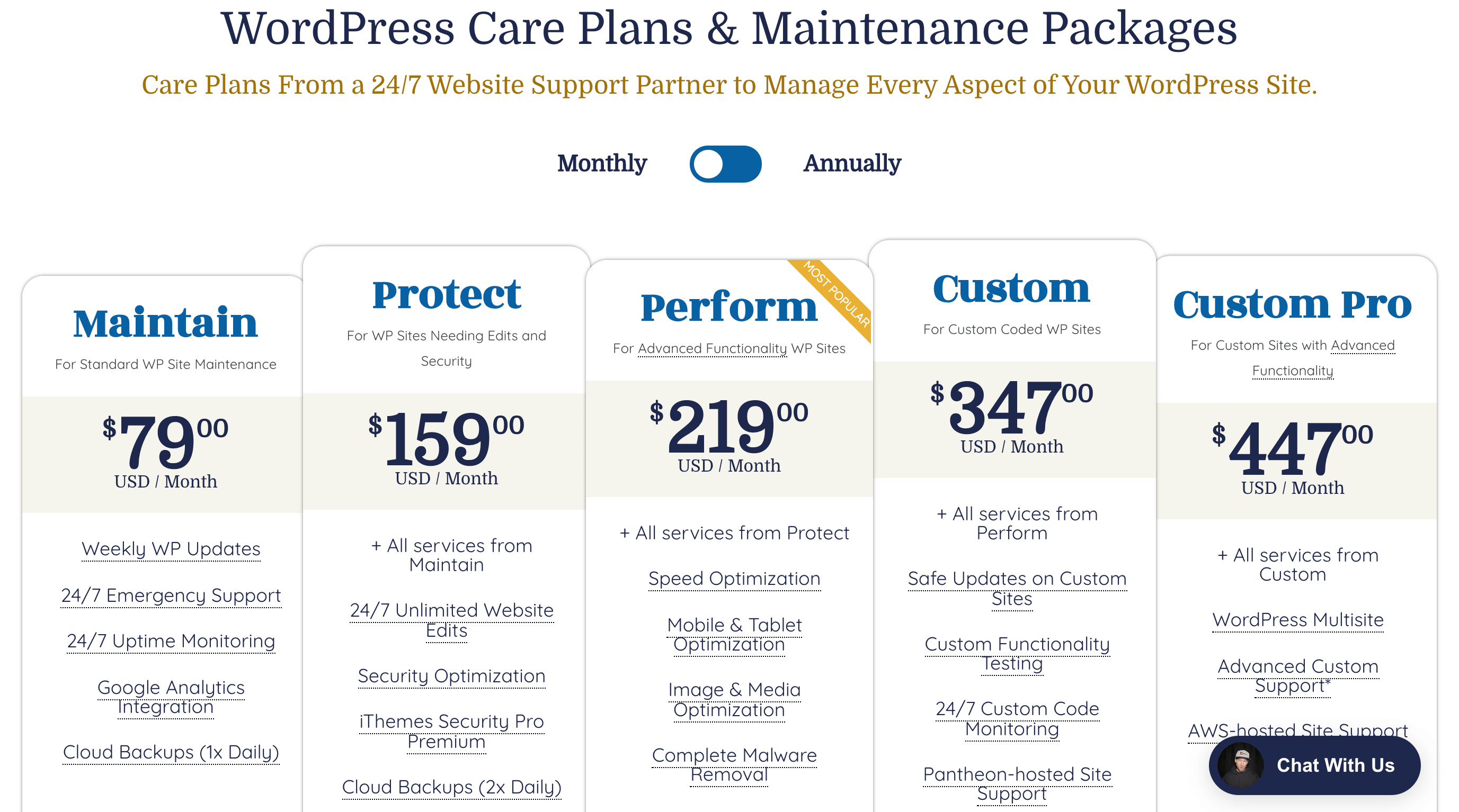 An example of WordPress maintenance pricing structure.