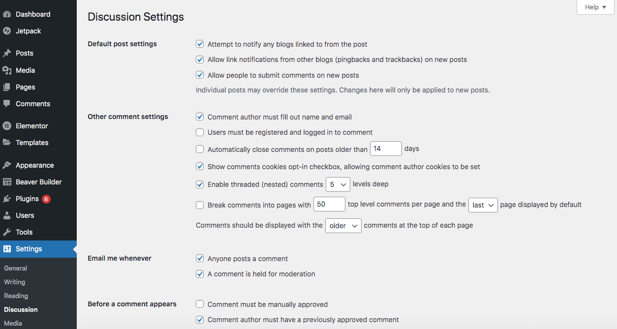 WordPress moderating comments