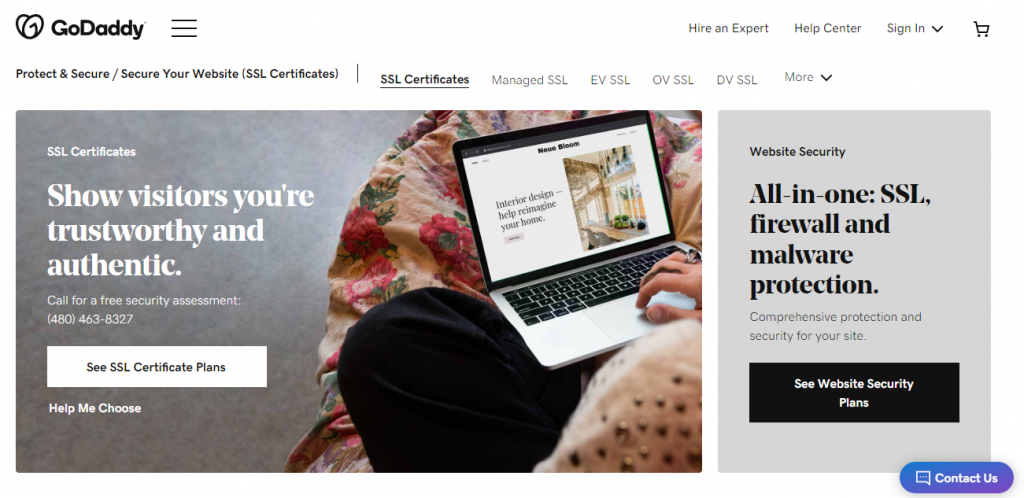 GoDaddy's SSL certificate page