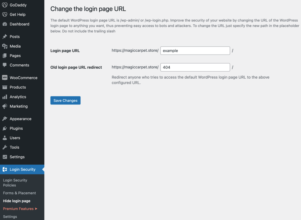 The view of the administrator page of Melapress Login Security plugin