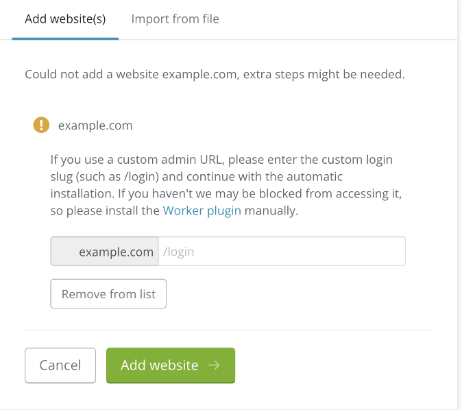 ManageWP Add Website screen showing custom login slug prompt