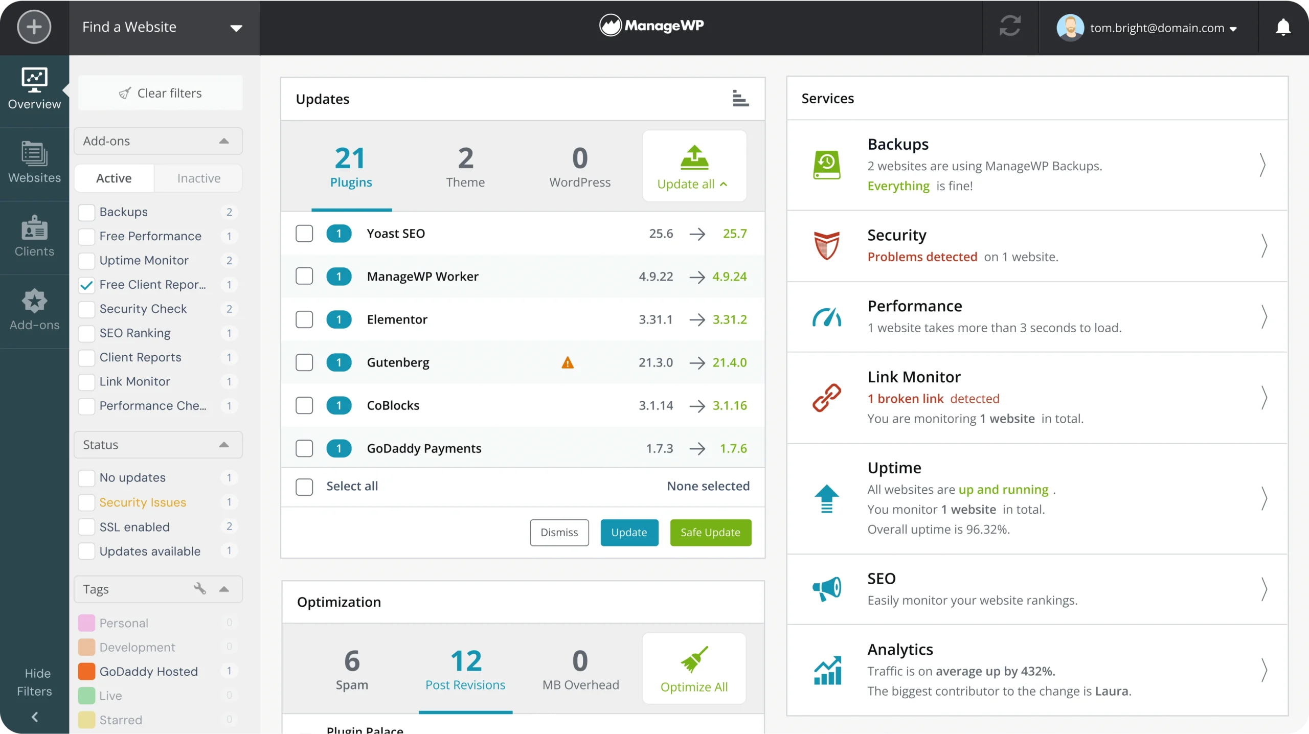 ManageWP dashboard overview screen.