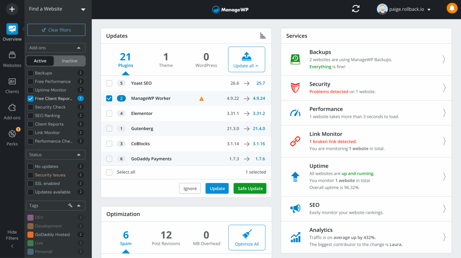 an image of the managewp dashboard
