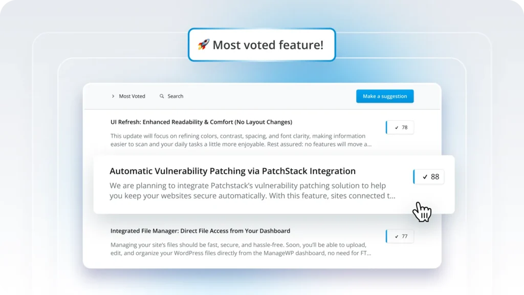ManageWP feature roadmap displaying Automatic Vulnerability Patching as top request with 88 user votes